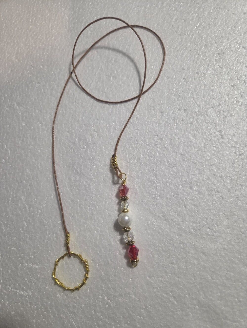 Handcrafted Delicate Red Bead Lariat  Necklace - Gold Accents